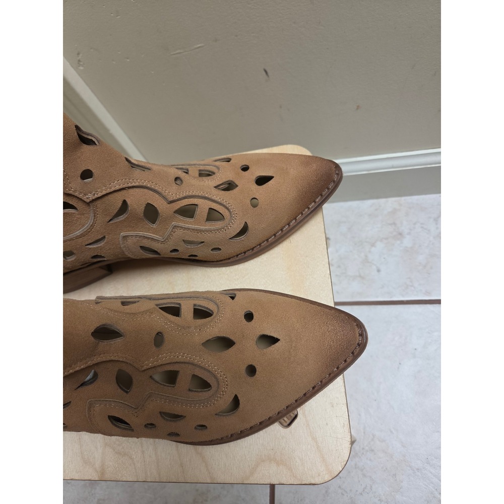 Mimmu Italy Suede Laser Cut Out Western Ankle Boots Tan Leather Size 38 - Picture 2 of 6